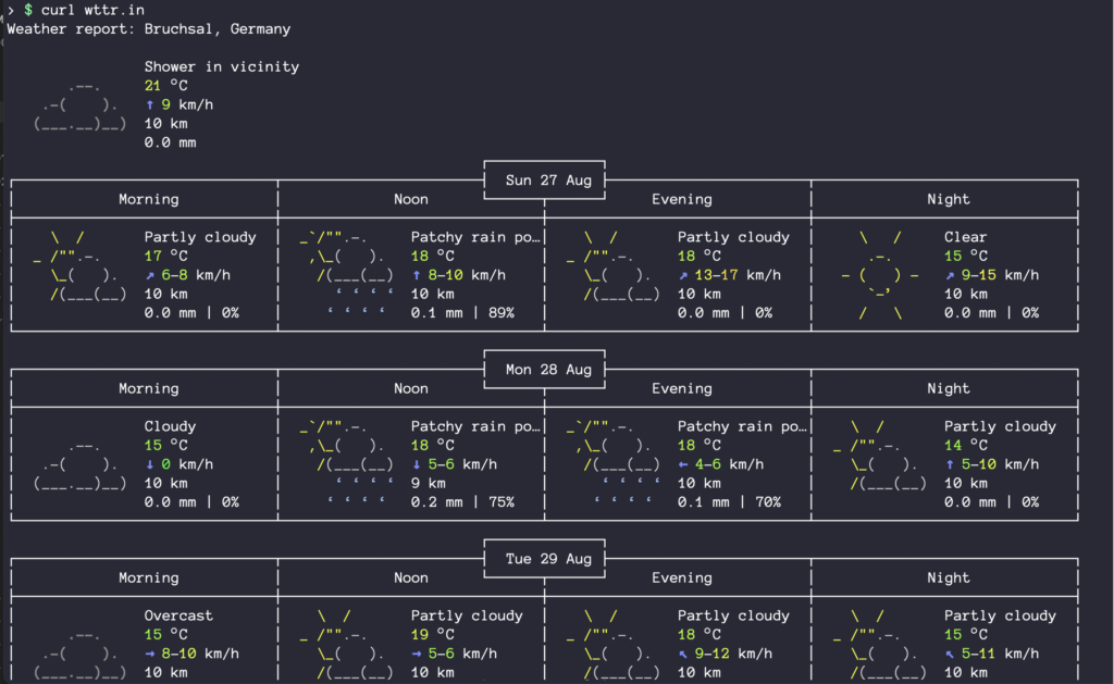 Aufruf von "curl wttr.com" im Terminal. Ergebnis ist der ausführliche Wetterbericht für den aktuellen Ort.