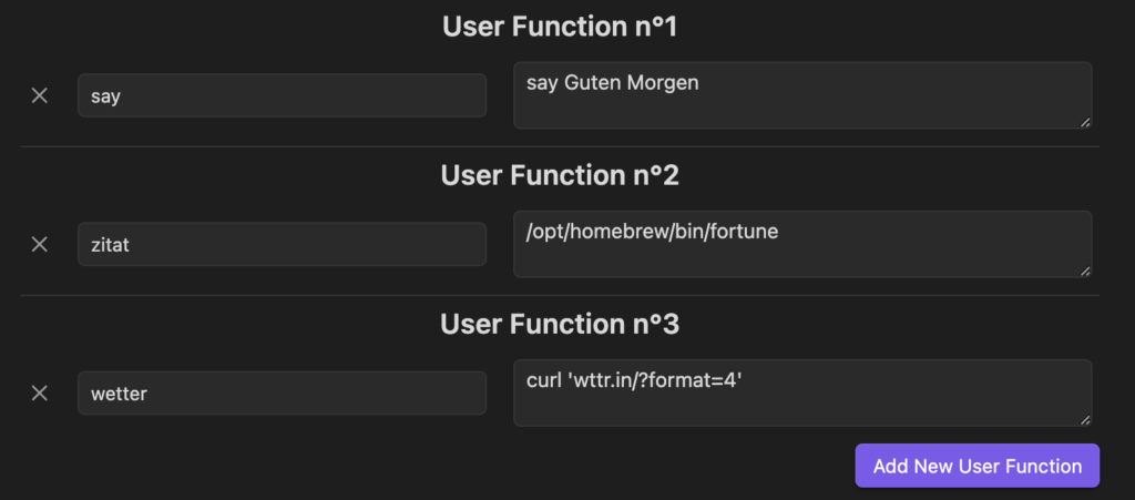 Definition der User Function "zitat" für den Aufruf der Shell Anwendung "fortune"