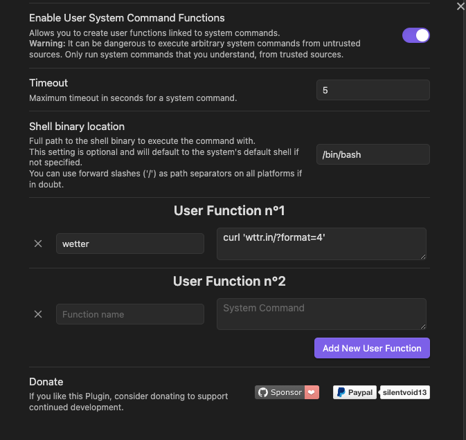 Definition der User Function "wetter" im Einstellungsdialog vom Templater Plugin