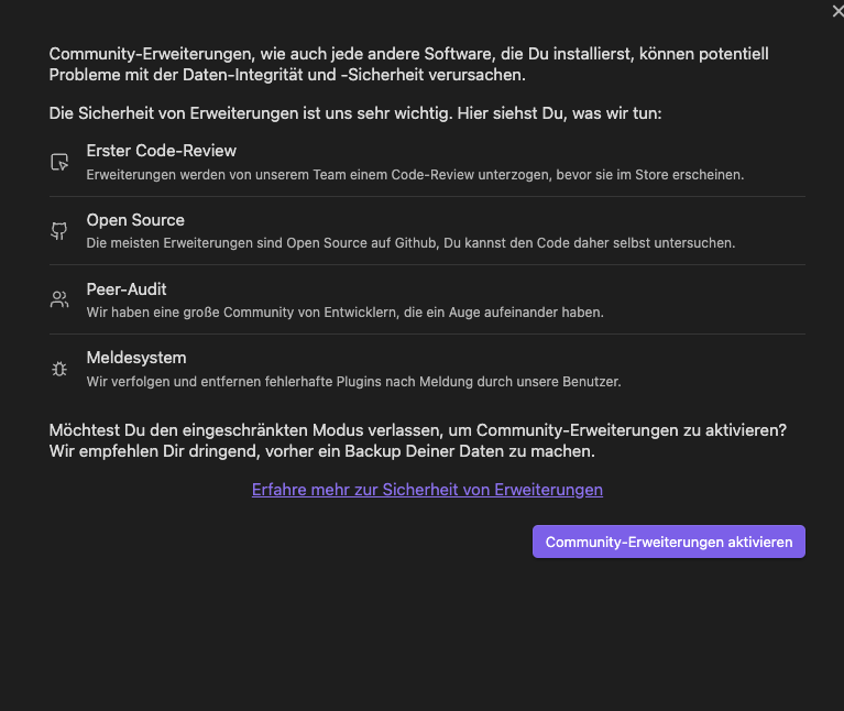 Zeigt den Screen indem man die Nutzung der Community Erweiterungen ermöglicht