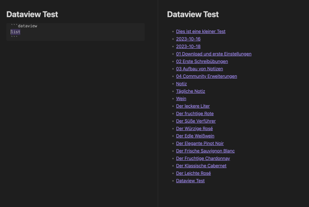 Screen mit einfachen LIST Dataview-Aufruf und dem Ergebnis im Splittscreen