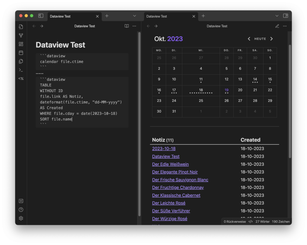 CALENDAR-Abfrage mit der Dataview-Erweiterung