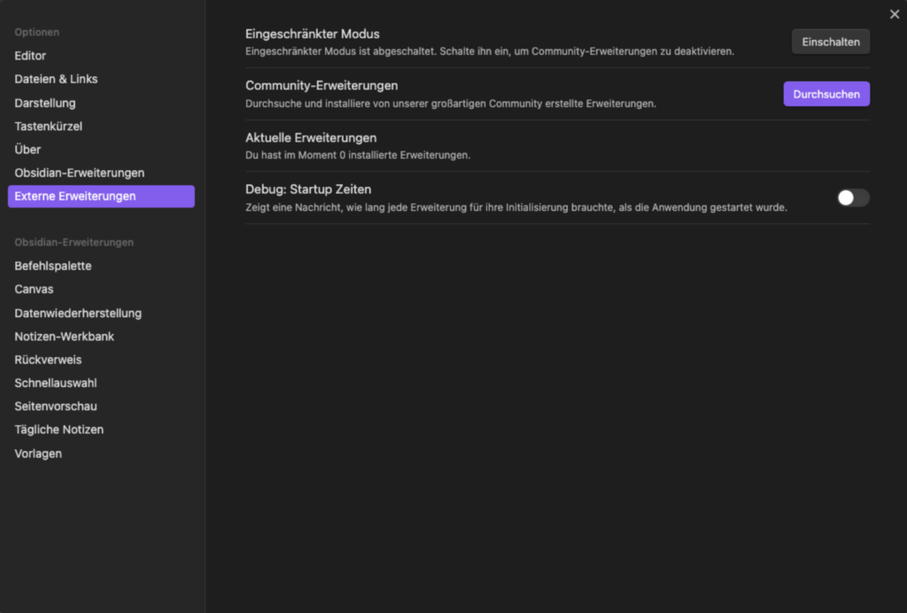Screen der Community Erweiterung Einstellung nach der Aktivierung