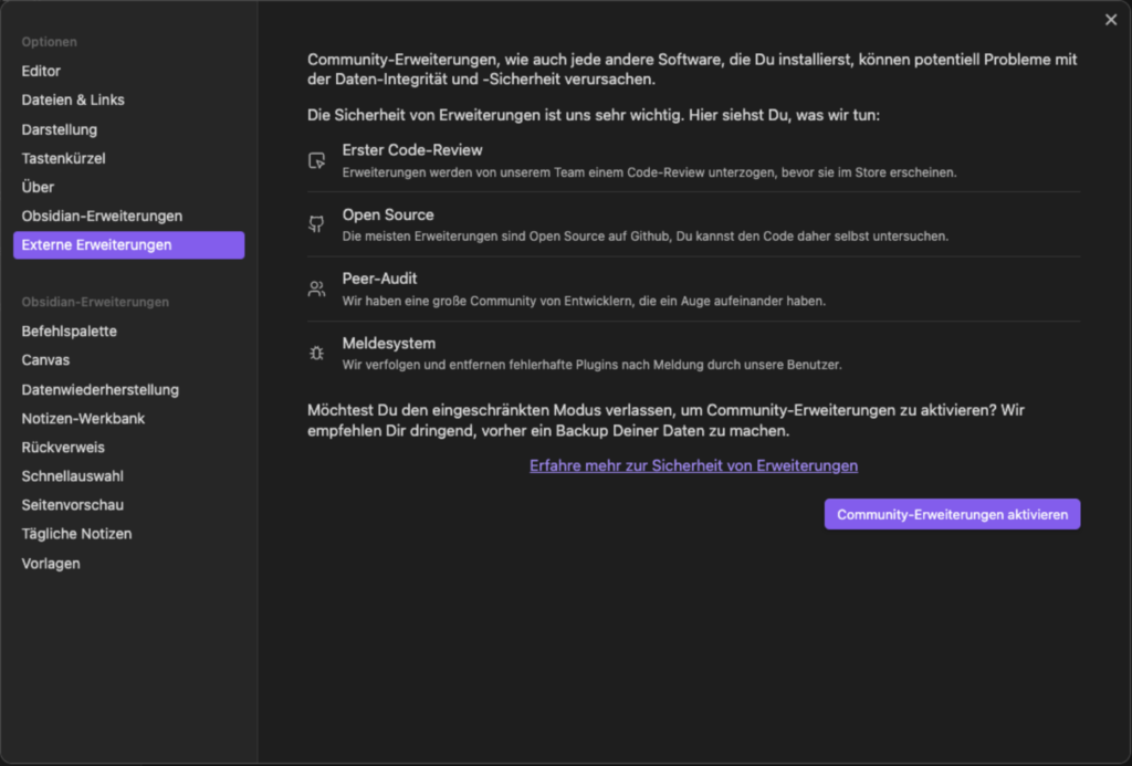 Screen der Community Erweiterung Einstellung vor der Aktivierung
