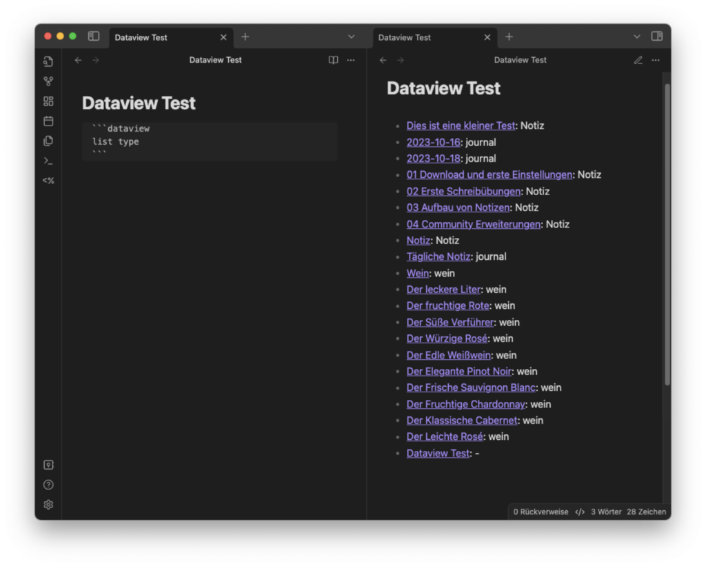 Screen mit LIST Dataview Aufruf erweitert um die Darstellung des Note-Types und dem Ergebnis im Splittscreen