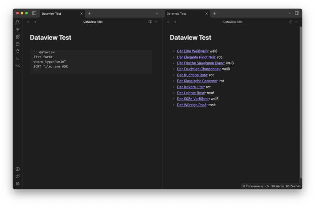 Screen mit LIST Dataview Aufruf und Filter auf den Notiz Type und der Farbe rot