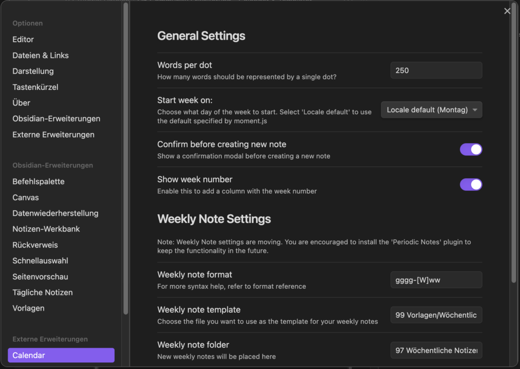 Scren mit den notwendigen Weekly Notes Einstellungen