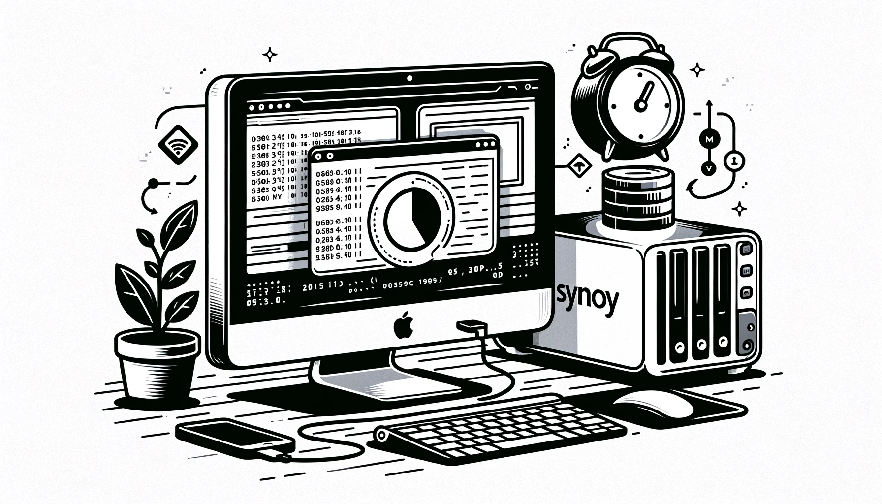 Schwarz-Weiß-Strichzeichnung eines Desktop-Computers mit Mac-OS-Interface. Ein Terminal-Fenster zeigt einen rsync-Befehl. Im Hintergrund ist ein Synology NAS zu sehen, das über ein Netzwerk verbunden ist. Zusätzliche Elemente sind ein Uhr-Symbol, das periodische Backups darstellt, und ein Sicherheits-Symbol, das die Datenintegrität repräsentiert. Made by Dall-E