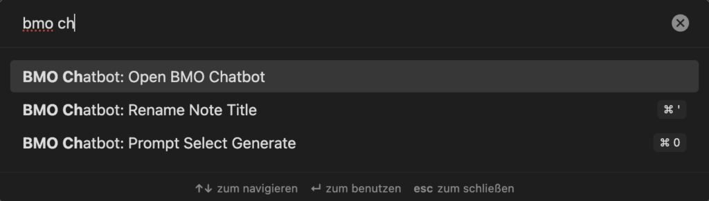 Diese Bild zeig die Befehtlspalette, der Befehl "BMO Chatbot: Prompt Select Generate" ist ausgewählt 