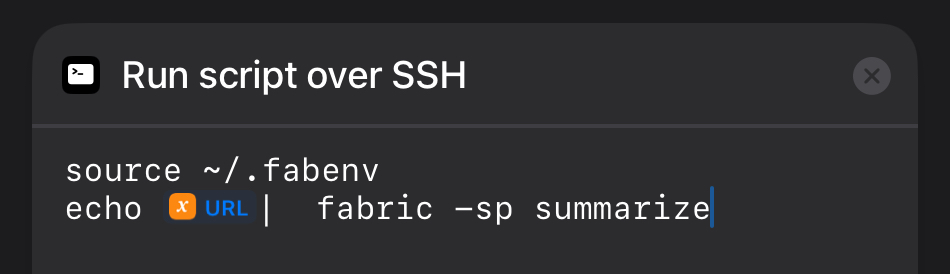 Zeigt die Lösung in der Skript-Box von der Aktion "Skript über SSH ausführen":
source ~/.fabenv
echo URL | fabric -sp summarize