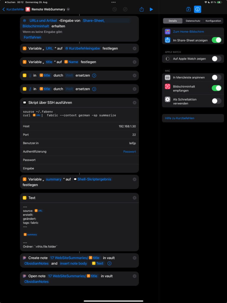 Ein Screenshot der iOS-Kurzbefehle-App zeigt einen Workflow zur Zusammenfassung von Webseiteninhalten mithilfe eines SSH-Skripts und der Speicherung der Ergebnisse in Obsidian Notes.