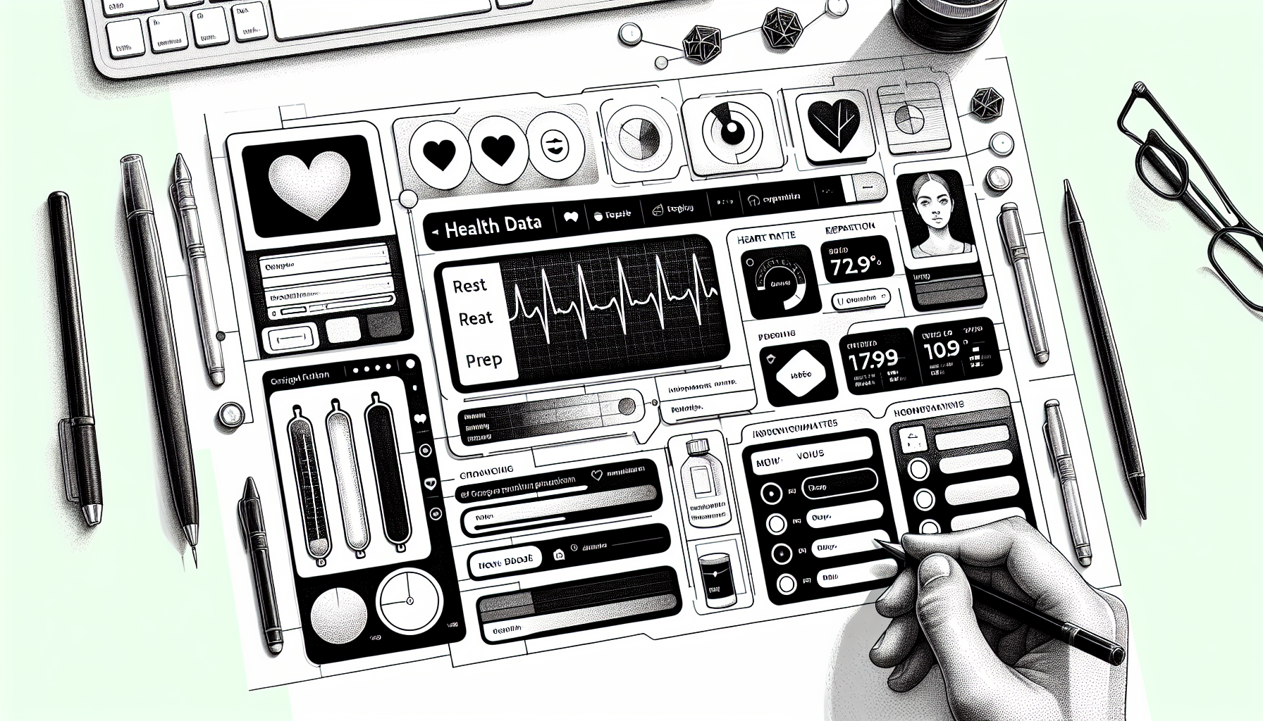 Black-and-white line-art illustration of a digital health data dashboard with sliders, graphs, and input fields for tracking vital signs, serving as a visual key for an article.