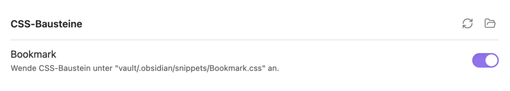 CSS-Bausteine Dialog mit ausgewählten und aktvierten Snippet