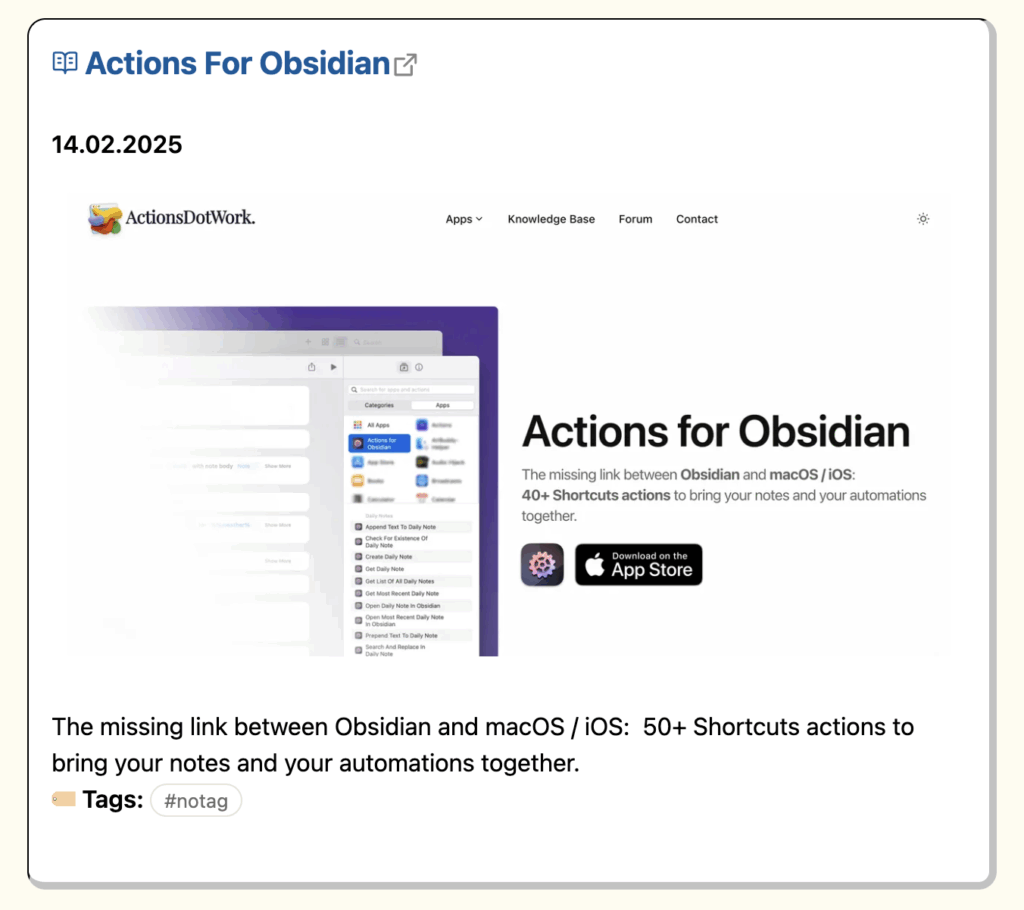 Beispielsbild für ein Bookmark mit Preview Image. Klicken navigiert auf die Original Seite https://actions.work/actions-for-obsidian/