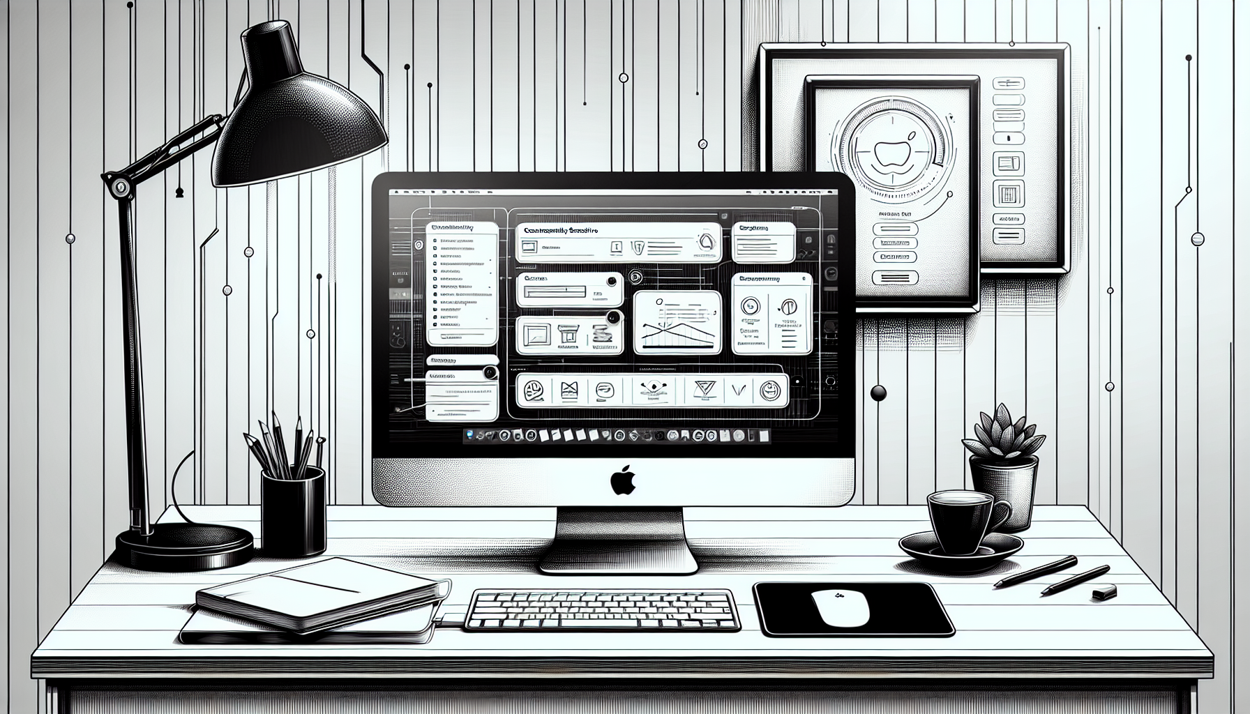 Schmuck Bild zeigt einen minimalistischen Schreibtisch in monochromer Farbgebung. Auf dem Tisch steht ein iMac-Computer mit einem modernen Interface auf dem Bildschirm, das verschiedene digitale Elemente und Menüs anzeigt. Neben dem Computer befindet sich eine drahtlose Tastatur und eine Maus auf einem Mauspad. Zu sehen sind auch ein Notizbuch, ein Stift, eine kleine Pflanze in einem Topf und eine Tasse mit Untertasse. Darüber hängt ein zusätzliches quadratisches Display, das einige Schaltflächen und ein rundes Anzeigeelement zeigt. Die Wand im Hintergrund ist mit vertikalen Linien und abstrakten Mustern dekoriert.