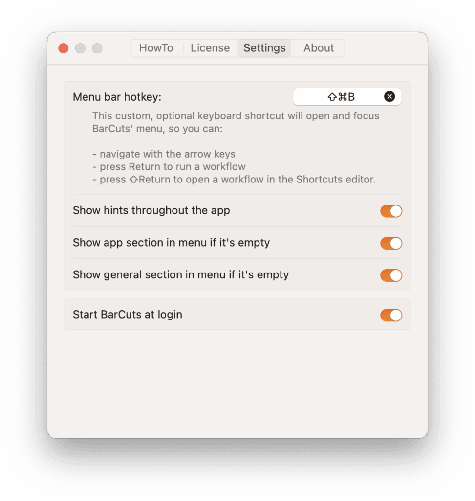 Bild zeigt den Setting Dialog von BarCuts. Weitere Beschreibung im Text