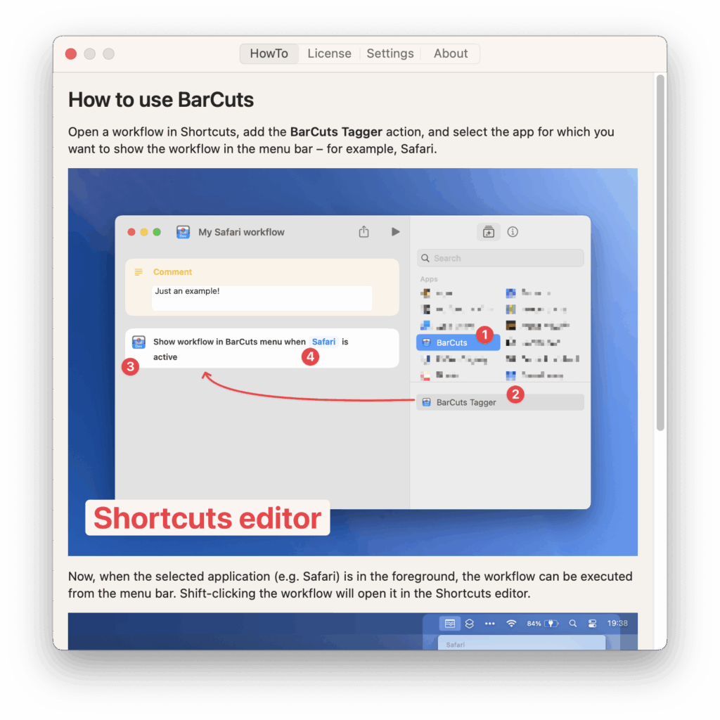 Anleitung zur Nutzung von BarCuts auf dem Mac: In der Kurzbefehle-App wird die Aktion „BarCuts Tagger“ hinzugefügt, um einen Workflow im Menü anzuzeigen, wenn z. B. Safari aktiv ist. Der Screenshot zeigt den Shortcuts-Editor mit einem Beispiel-Workflow und der aktivierten Aktion für Safari.