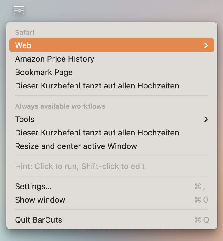 Aufgeklapptes BarCuts Menu
