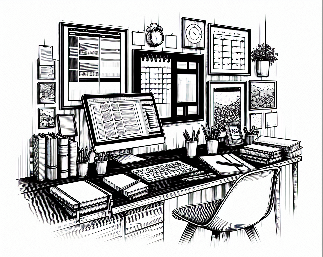 Das Bild zeigt einen detaillierten, stilisierten Schreibtisch mit verschiedenen Elementen. Auf dem Tisch befindet sich ein Computer mit einem großen Bildschirm, einer Tastatur und Notizblöcken. Rund um den Schreibtisch stehen mehrere Töpfe mit Stiften. An der Wand sind Rahmen mit Kalendern, Uhren und Bildern aufgehängt. Der Schreibtisch hat Bücher und Schreibmaterial, und der Hintergrund könnte eine organisierte und kreative Arbeitsumgebung darstellen.