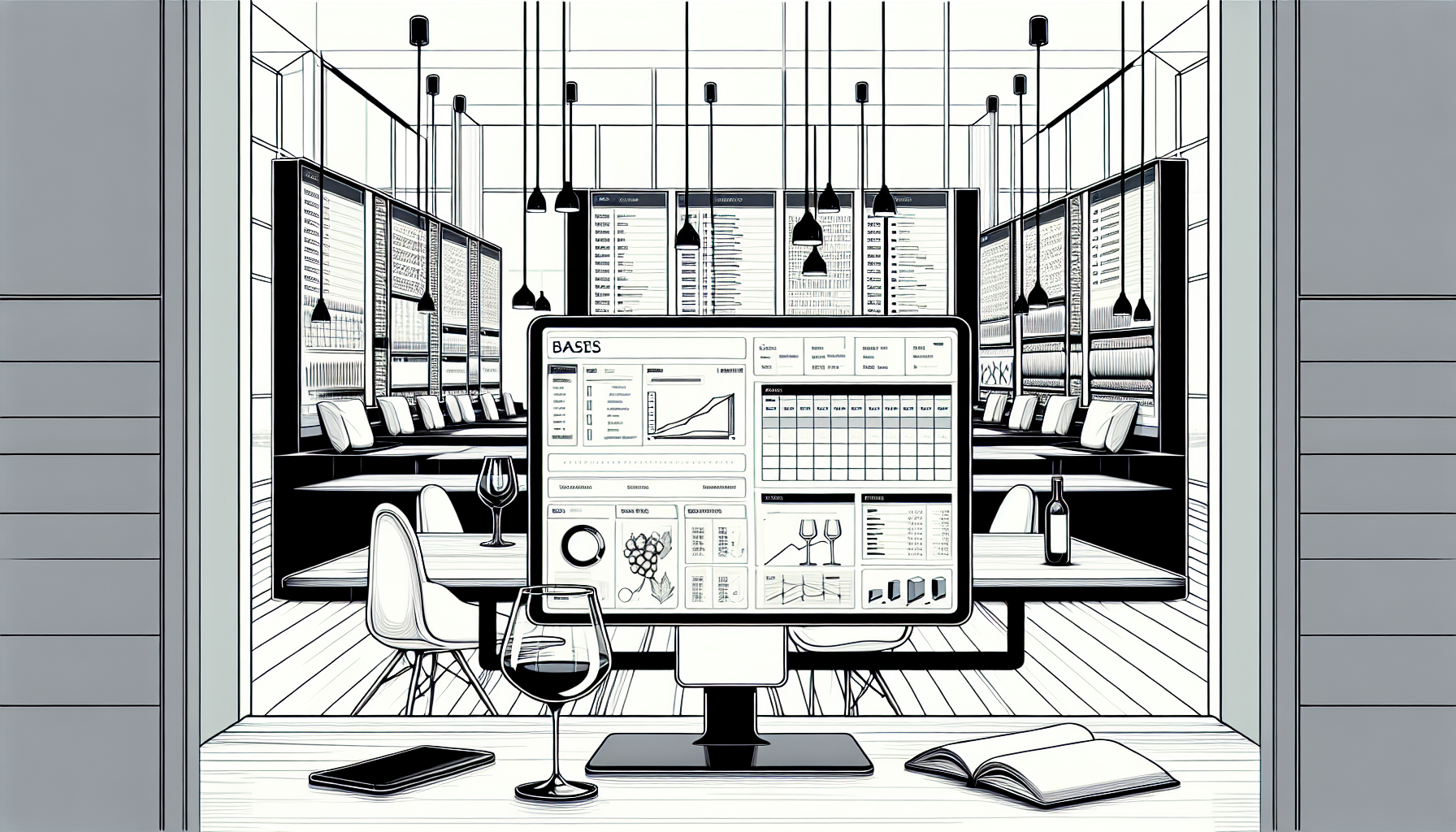 Das Bild zeigt einen modernen, minimalistischen Raum, vermutlich ein Restaurant oder eine Bar, mit großen Fenstern und einer Vielzahl von Tischen, die mit Stühlen ausgestattet sind. Im Vordergrund steht ein Computer mit einer grafischen Benutzeroberfläche, die Diagramme und Daten anzeigt. Neben dem Computer befindet sich ein Weinglas und eine Flasche Wein auf dem Tisch. Auf dem Tisch liegt auch ein aufgeschlagenes Buch und ein Smartphone. Über dem Raum hängen stilvolle Lampen. Das gesamte Bild ist in einer klaren, monochromatischen Linie-Art-Gestaltung gehalten.