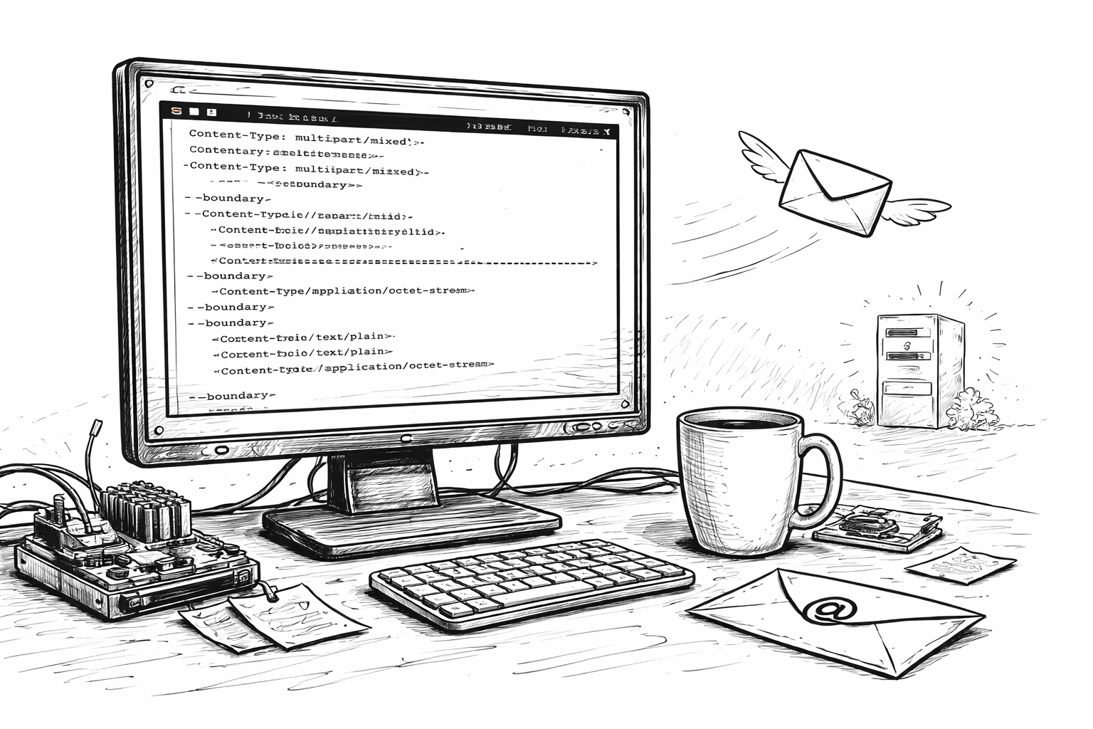 Schwarz-weiße, handgezeichnete Skizze eines Schreibtischs: Ein Monitor zeigt ein Terminal mit E-Mail- und MIME-Code, daneben steht ein Raspberry Pi mit blinkenden LEDs. Auf dem Tisch liegen eine Kaffeetasse, Haftnotizen und ein Briefumschlag mit @-Symbol. Ein stilisierter Umschlag fliegt vom Bildschirm in Richtung eines kleinen Mailserver-Icons im Hintergrund.