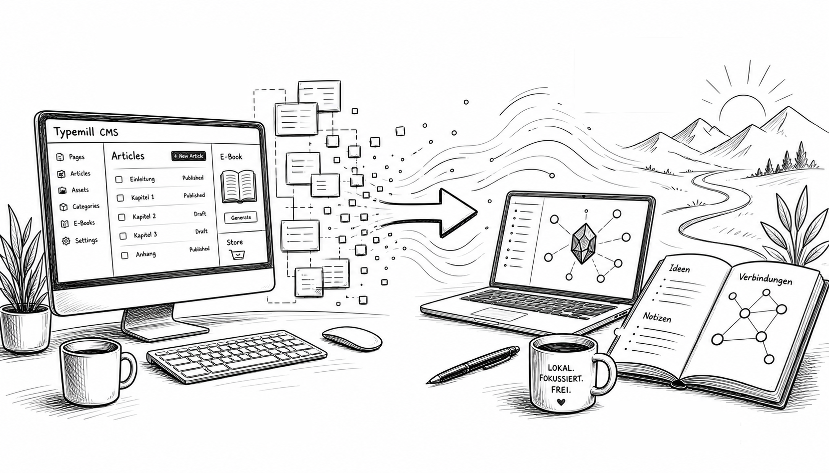EIne Strichzeichnugnvon zwei Computer die einen Wechsel von Typemill auf Quartz Symbolisieren sollen. Das ist ein reines Schmuckbild