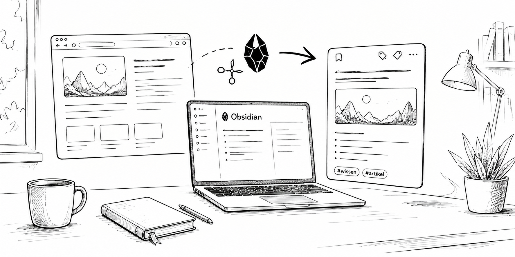 Schwarzweiße Strichzeichnung eines aufgeräumten Schreibtisches mit Laptop, Notizbuch, Kaffeetasse und Zimmerpflanze. Über dem Laptop schweben stilisierte Elemente einer Webseite, das Obsidian-Logo und eine abstrahierte Notiz, verbunden durch Pfeile. Die Illustration symbolisiert den Workflow des Obsidian Web Clippers, bei dem Inhalte aus dem Web gesammelt, gespeichert und in persönliche Wissensnotizen überführt werden. Die Darstellung ist bewusst reduziert und künstlerisch gehalten, mit lockeren Linien und viel Weißraum. Sie vermittelt die Idee des digitalen Wissensmanagements und der nahtlosen Verbindung zwischen Webrecherche und persönlicher Wissensbasis.