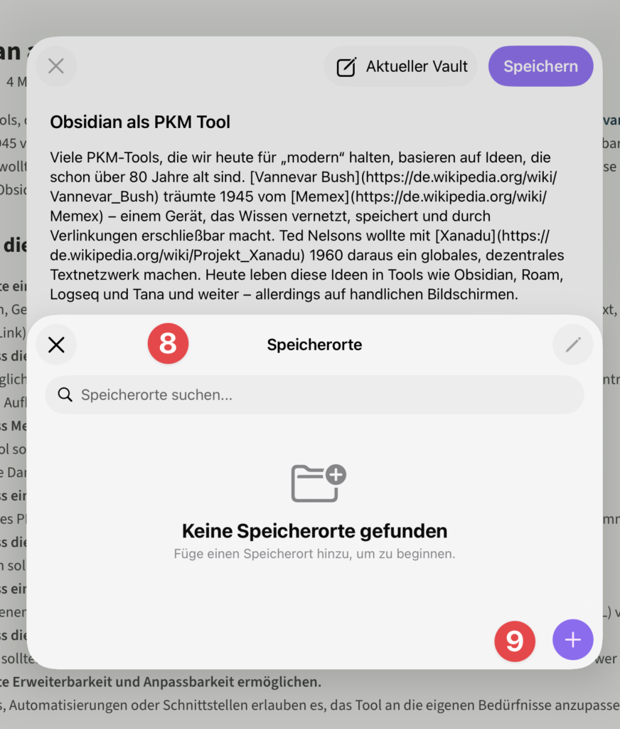 Das ist eine Bild das die Konfiguration des Obsidian Sharesheet zeigt. In desem Bild geht es um die Speicherorte Auf dem Bild befinden sich zu denen im Text Erklärungen stehen.