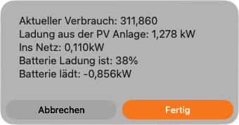 Das Bild zeigt die aktuellen PV-Werte in einem Apple Kurzbefehl Ergebnis Dialog
