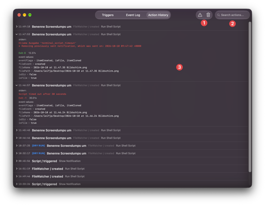Das Bild zeigt die Activity History von Crank, die Bildschirm Elemente mit den Zahlen werden im Text erklärt