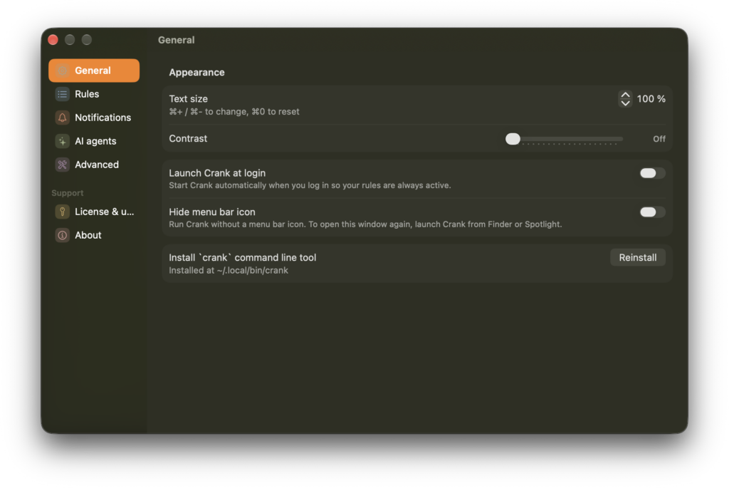 Das Bild zeigt den generellen Einstellungsdialog, wobei die Installation für "Crank command line tool" wichtig ist