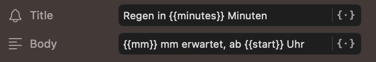 Das Bild zeigt einen Benutzeroberflächen-Teil, der Informationen über bevorstehenden Regen anzeigt. Es gibt zwei Textfelder: Eines mit dem Titel "Regen in {{minutes}} Minuten" und ein anderes mit dem Text "{{mm}} mm erwartet, ab {{start}} Uhr". Dabei scheinen Platzhalter verwendet zu werden, um spezifische Zeit- und Mengenangaben zu ergänzen.